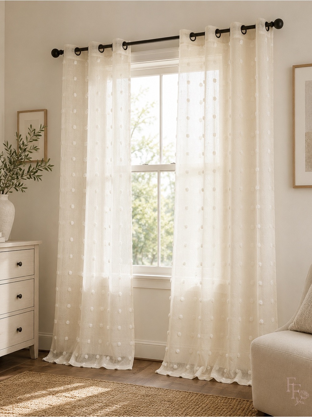 Boho Ivory Sheer Pom Pom Curtain Panels Set of 2 38” x 84” Grommet Top